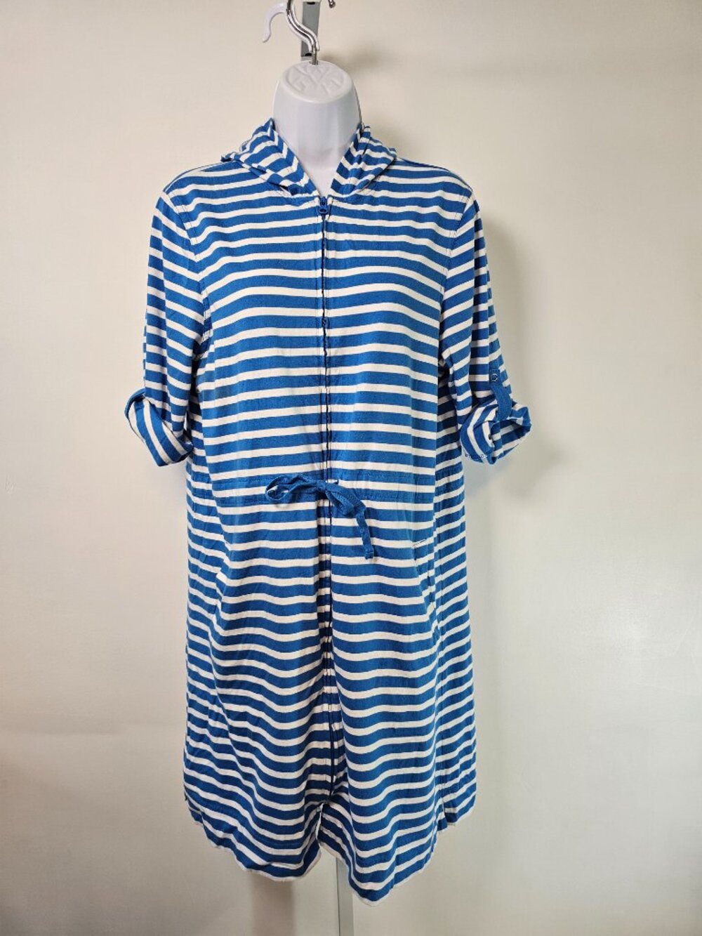 Lands' End Dress Coverup Blue White Stripes Hooded Beach Summer Casual M - Picture 2 of 10